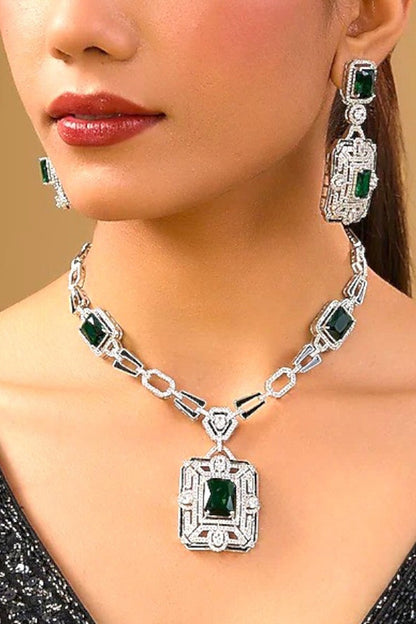 Emerald-Cut Green Gemstone Necklace Set 