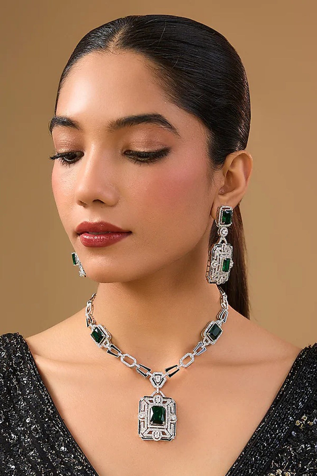 Emerald-Cut Green Gemstone Necklace Set 