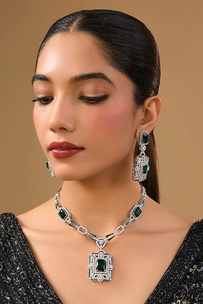 Emerald-Cut Green Gemstone Necklace Set 