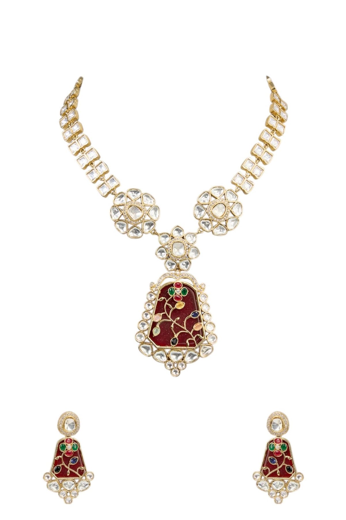 Red Enamel Kundan Necklace Set 