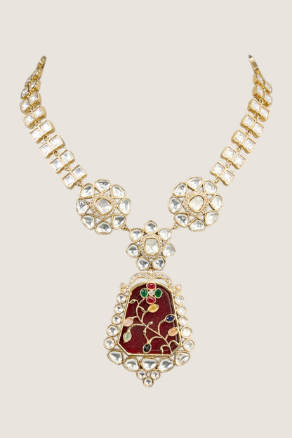 Red Enamel Kundan Necklace Set 