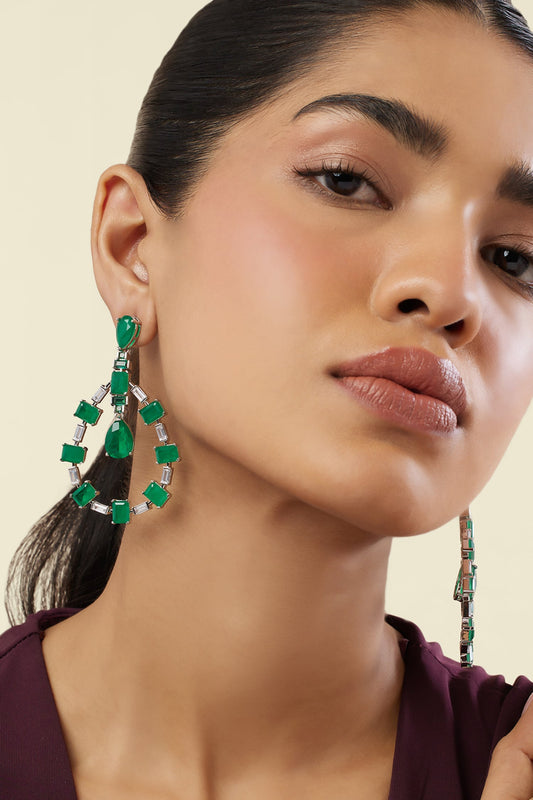 Emerald Luxe Rhodium Plated Dangler Earrings 