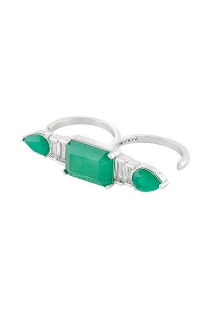 Emerald Embrace Rhodium Plated Two-Finger Ring 