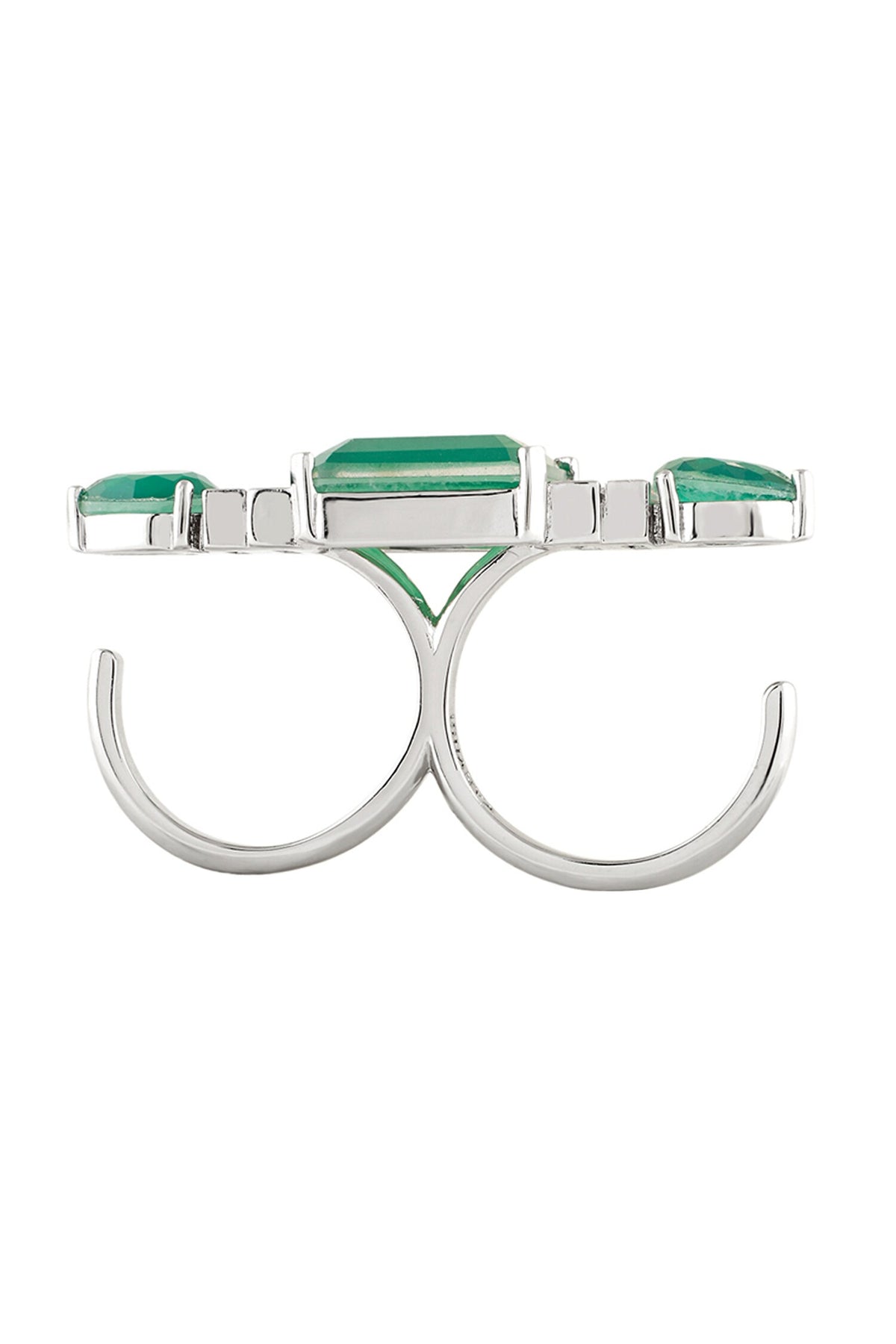 Emerald Embrace Rhodium Plated Two-Finger Ring 