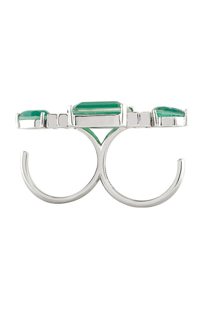 Emerald Embrace Rhodium Plated Two-Finger Ring 