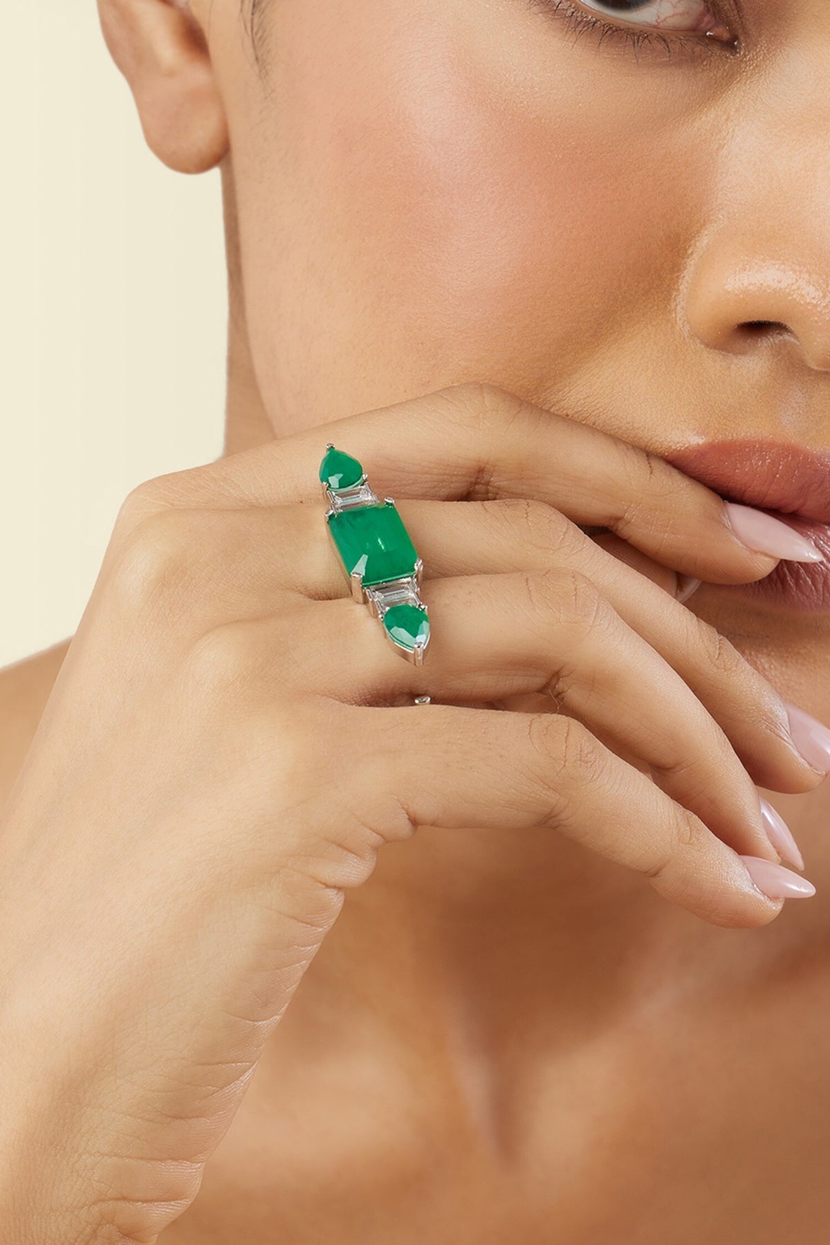 Emerald Embrace Rhodium Plated Two-Finger Ring 