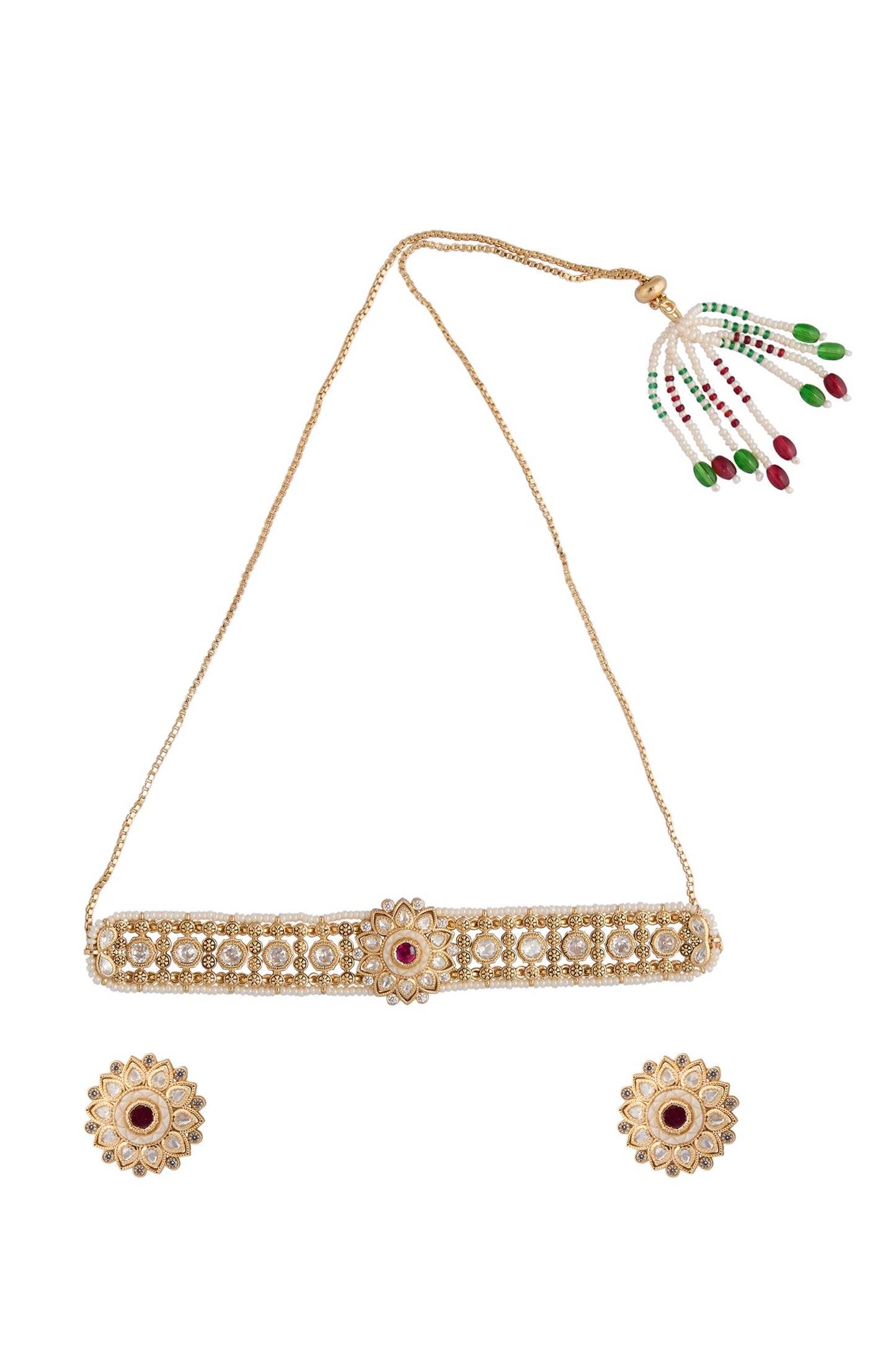 Ruby & White Kundan Choker Necklace Set 