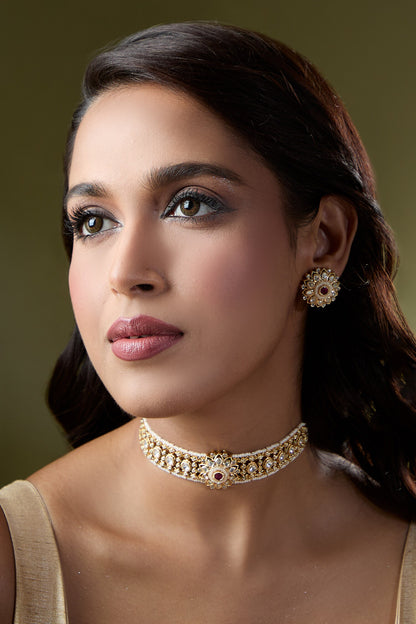 Ruby & White Kundan Choker Necklace Set 