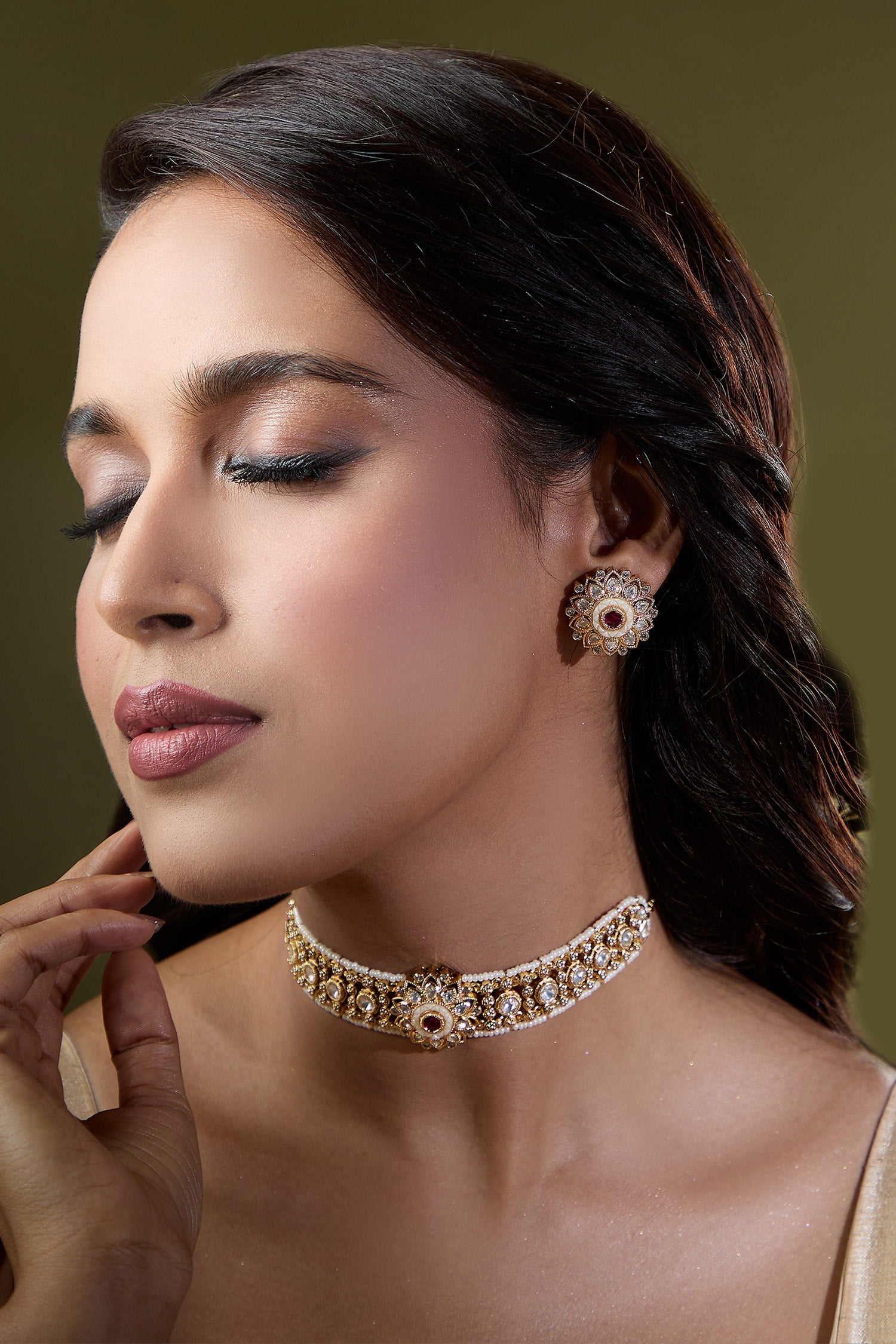 Ruby & White Kundan Choker Necklace Set 