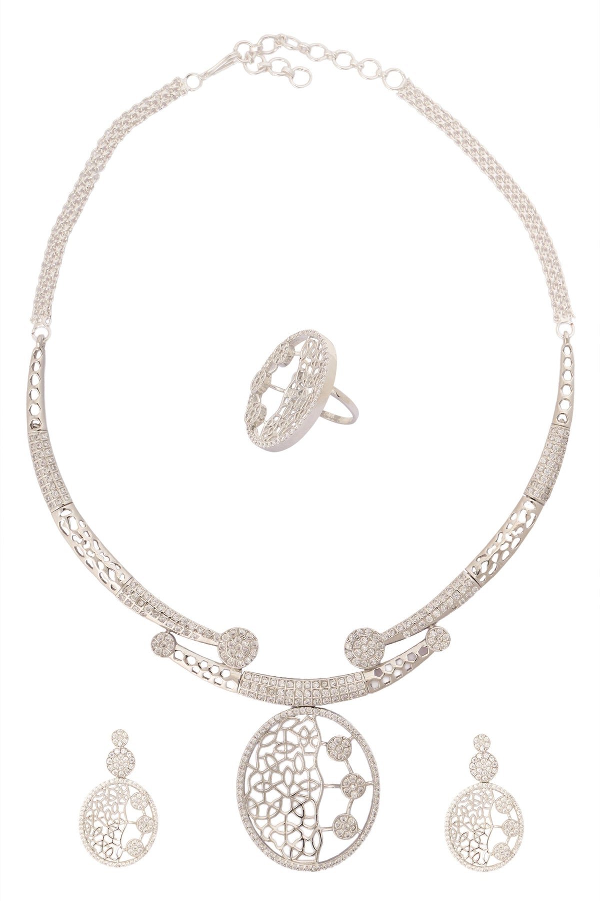 Silver & White Embellished Necklace Set 