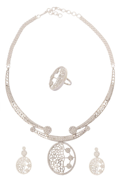 Silver & White Embellished Necklace Set 
