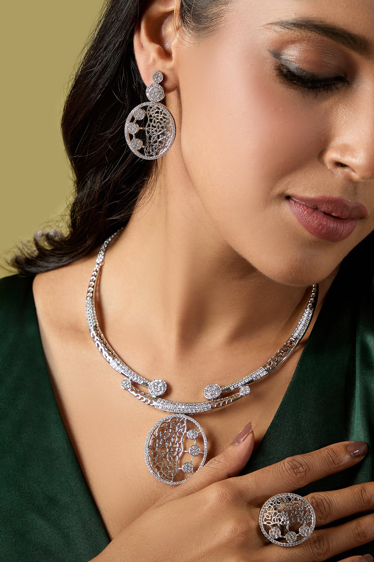 Silver & White Embellished Necklace Set 