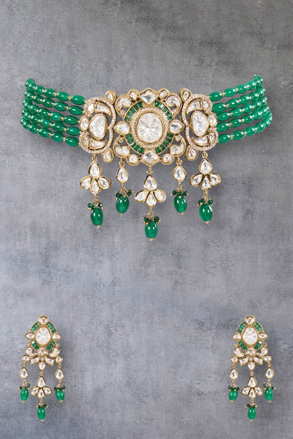 Emerald Green Kundan Choker Necklace Set 