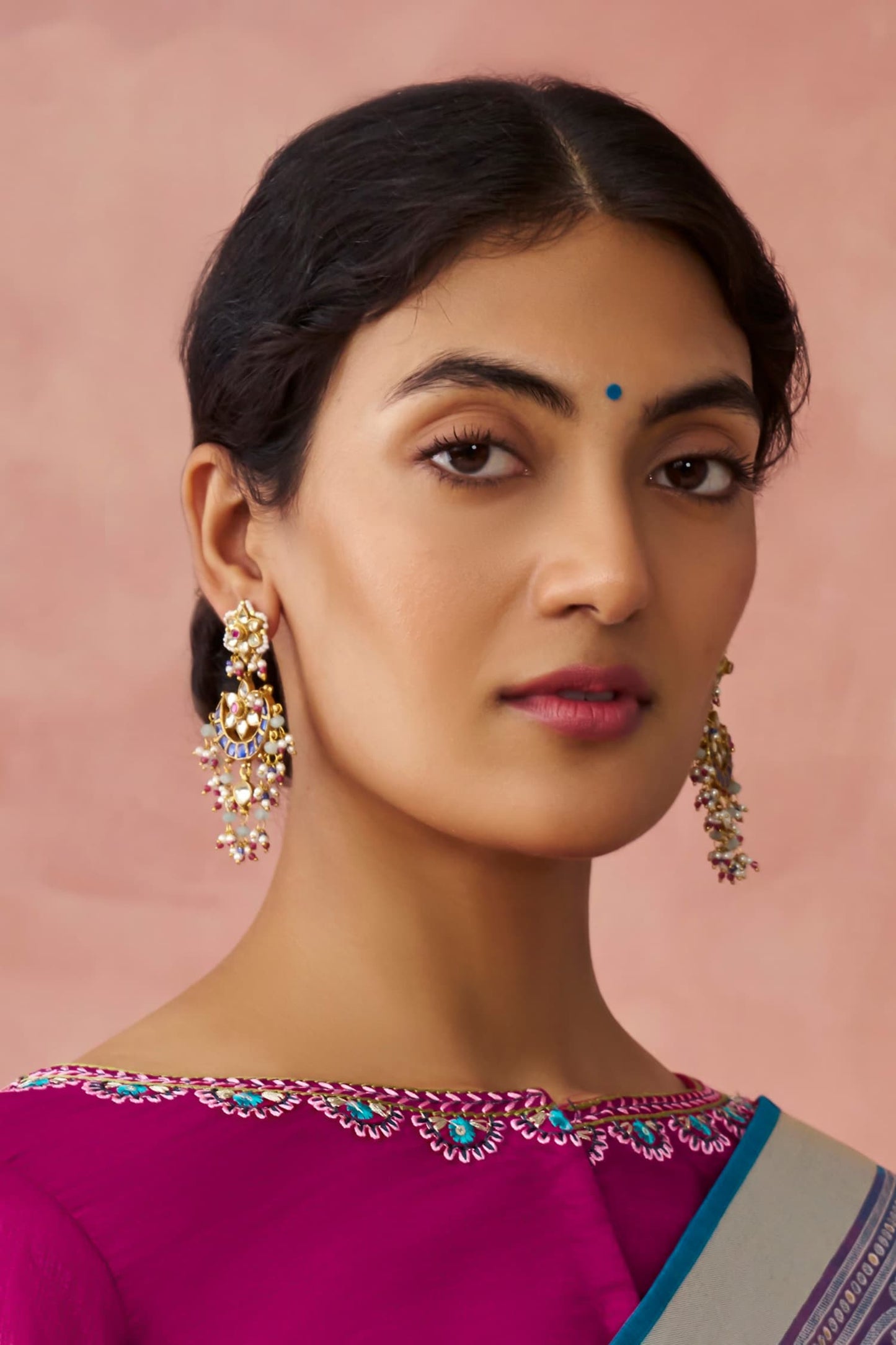Kundan & Beaded Crescent Drop Earrings 