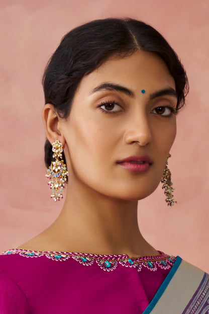 Kundan & Beaded Crescent Drop Earrings 