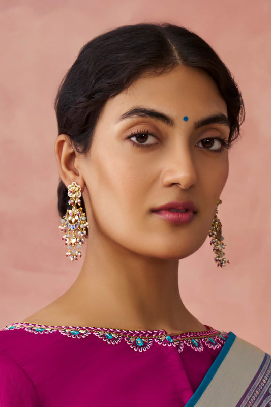 Kundan & Beaded Crescent Drop Earrings 