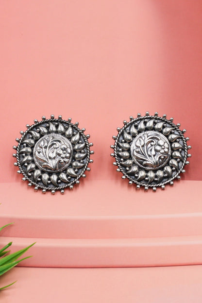 Oxidised Silver Floral Statement Studs 