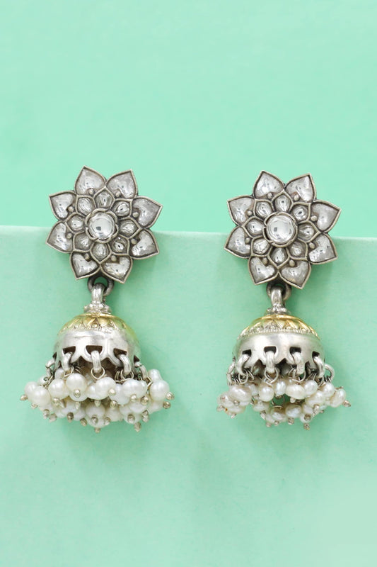Handcrafted Silver Floral Jhumkas 
