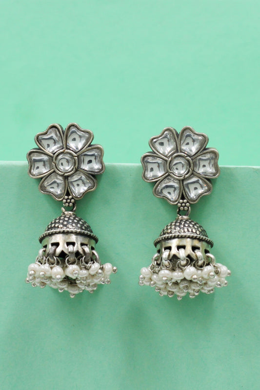 Handcrafted Floral Silver Jhumka Earrings 