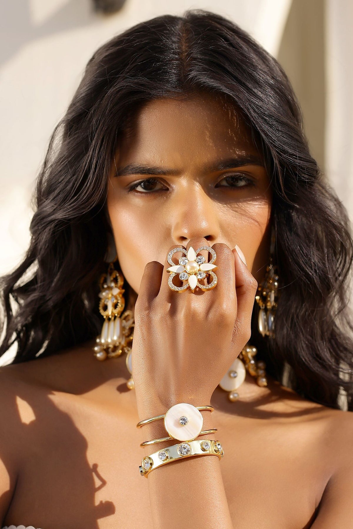 Iraa Enamel Swarovski Crystal & Pearl Adjustable Ring 
