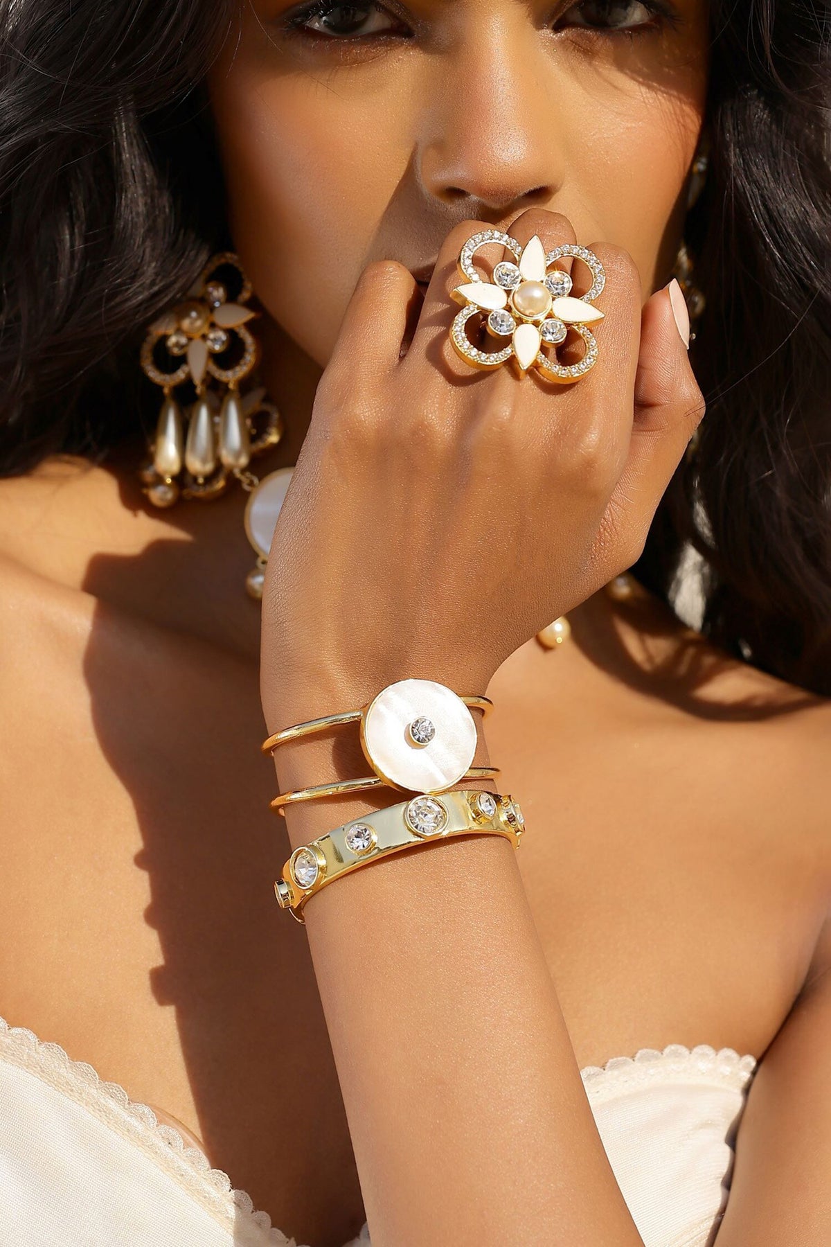 Iraa Enamel Swarovski Crystal & Pearl Adjustable Ring 