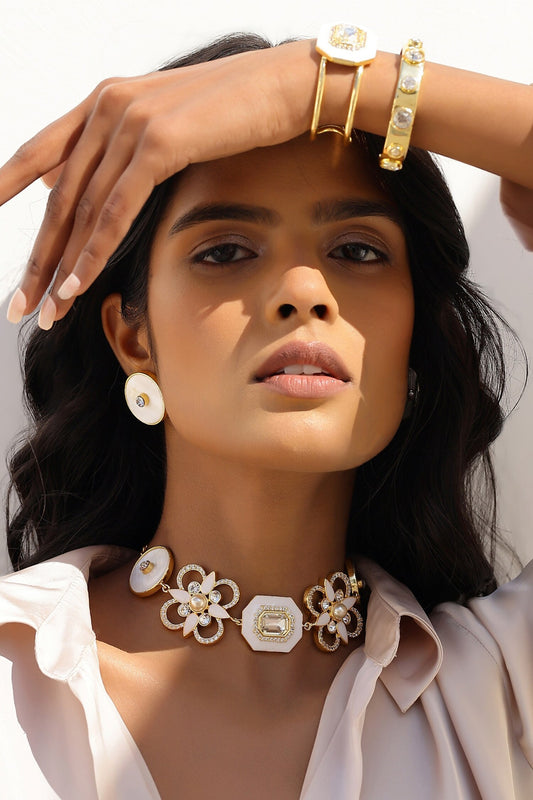 Iraa Rectangle Swarovski Crystal & Pearl Enamel Choker 