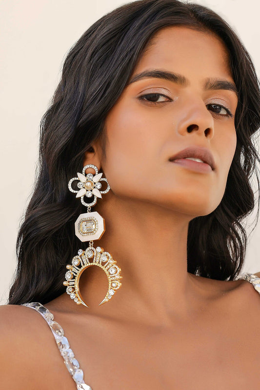 Iraa Chaand Shoulder Grazers White Enamel & Swarovski Crystal Danglers 