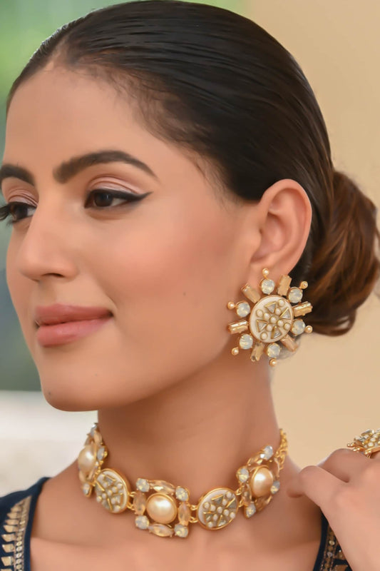 Rubaina Kundan Shell Stone & Kundan Crystal Stud Earrings 
