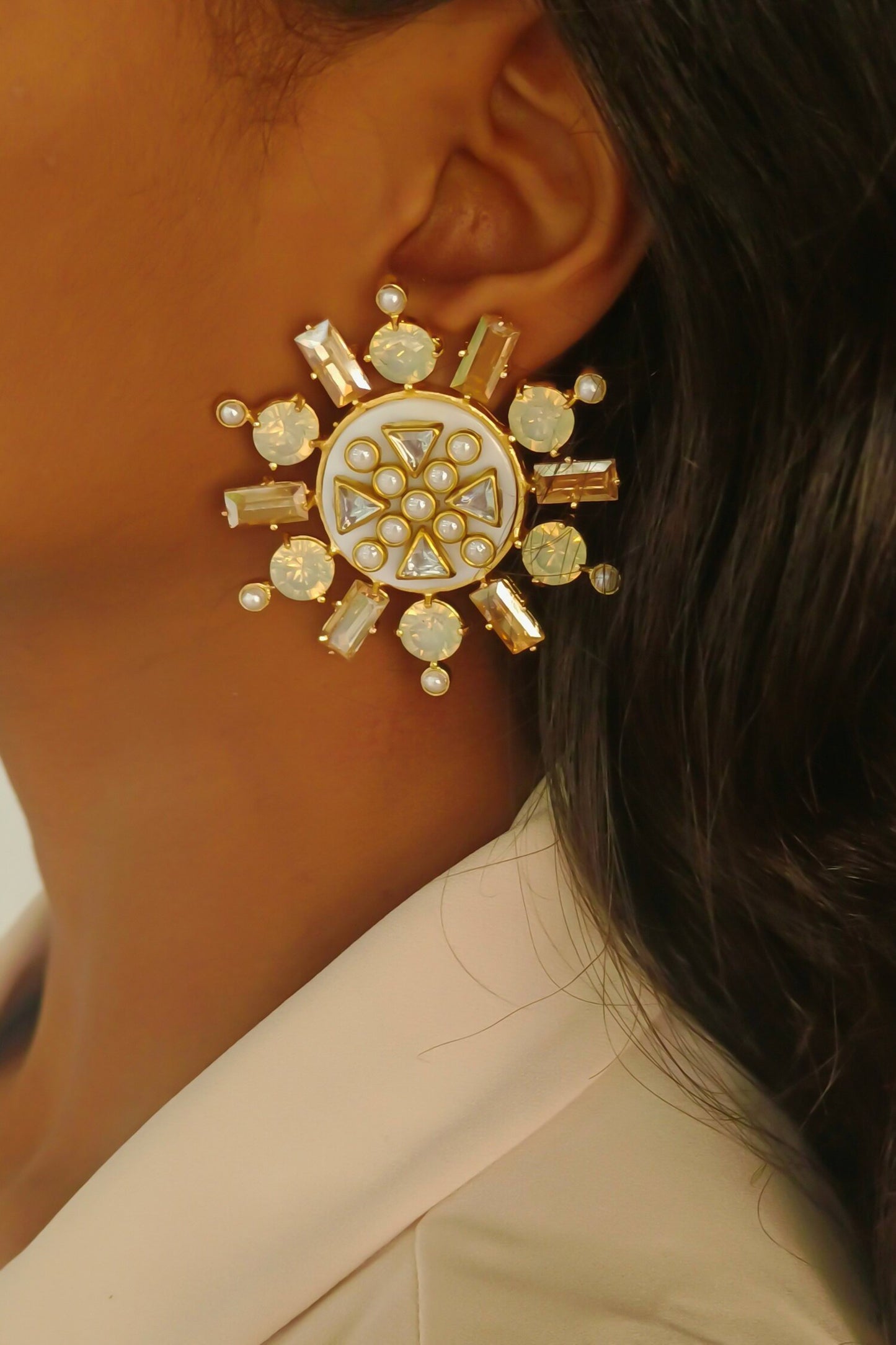 Rubaina Kundan Shell Stone & Kundan Crystal Stud Earrings 