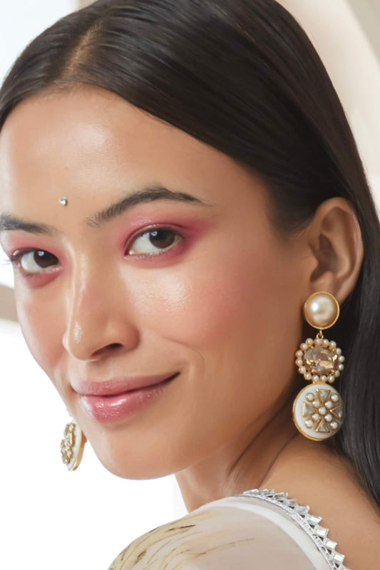 Sanah Ivory Stone Pearl & Kundan Crystal Drop Earrings 