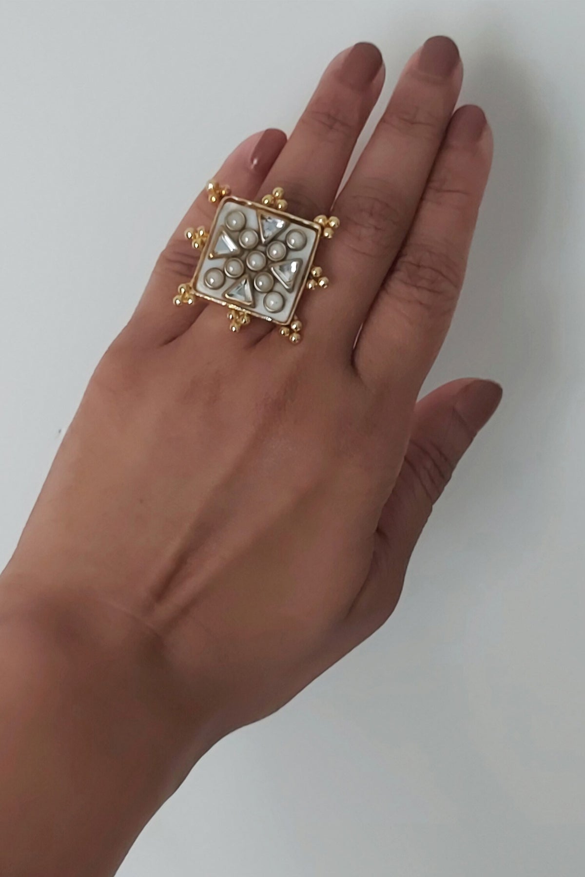 Viana Mini Ivory Shell Stone Pearl Kundan Ring 