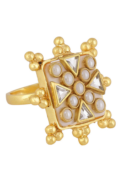 Viana Mini Ivory Shell Stone Pearl Kundan Ring 