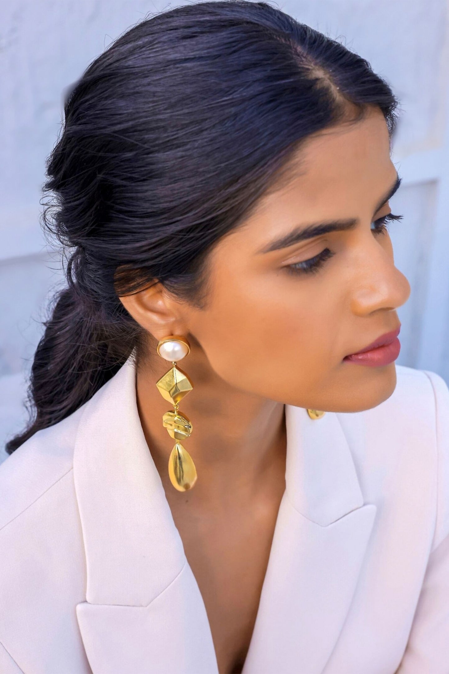 Caira Textured Gold Geometric Drop Earrings 