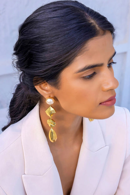 Caira Textured Gold Geometric Drop Earrings 