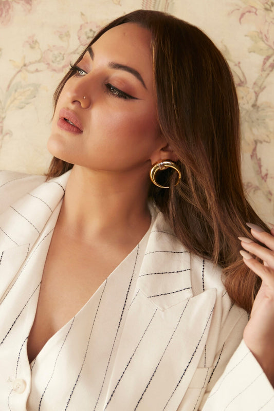 Copa Moon Gold Crescent Moon Hoops With Baguette Crystals 