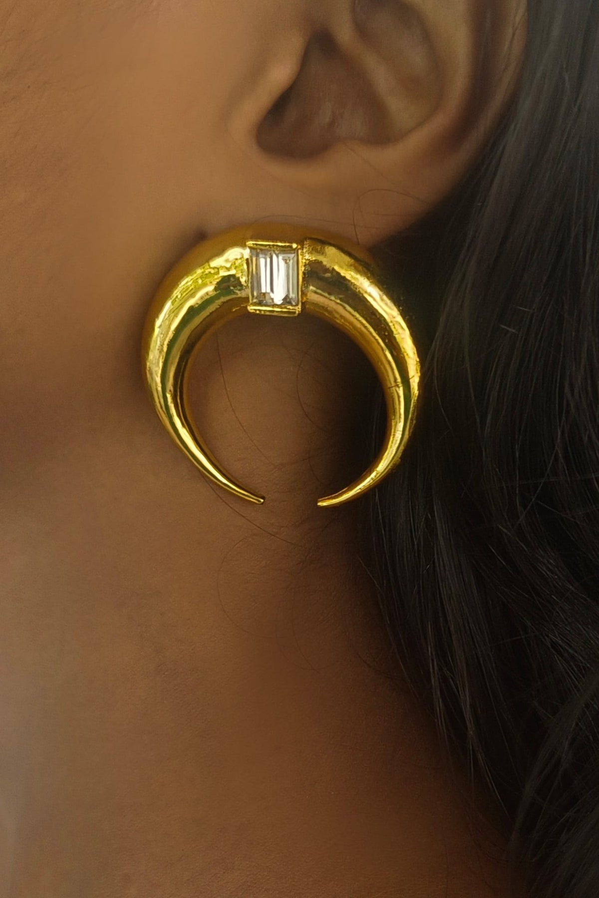 Copa Moon Gold Crescent Moon Hoops With Baguette Crystals 