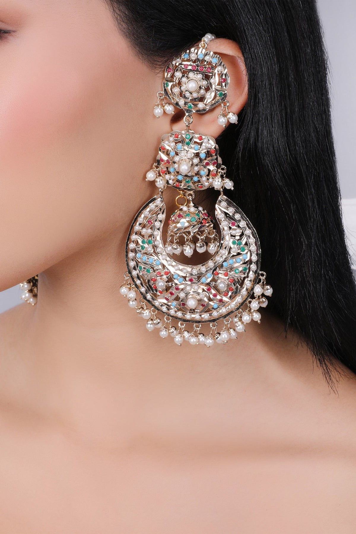 Navratan Jhumka Chaandbali Earrings 