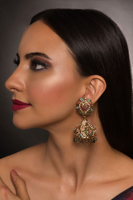 Ditya Navratan Jadau Tourmaline Jhumka Earrings 