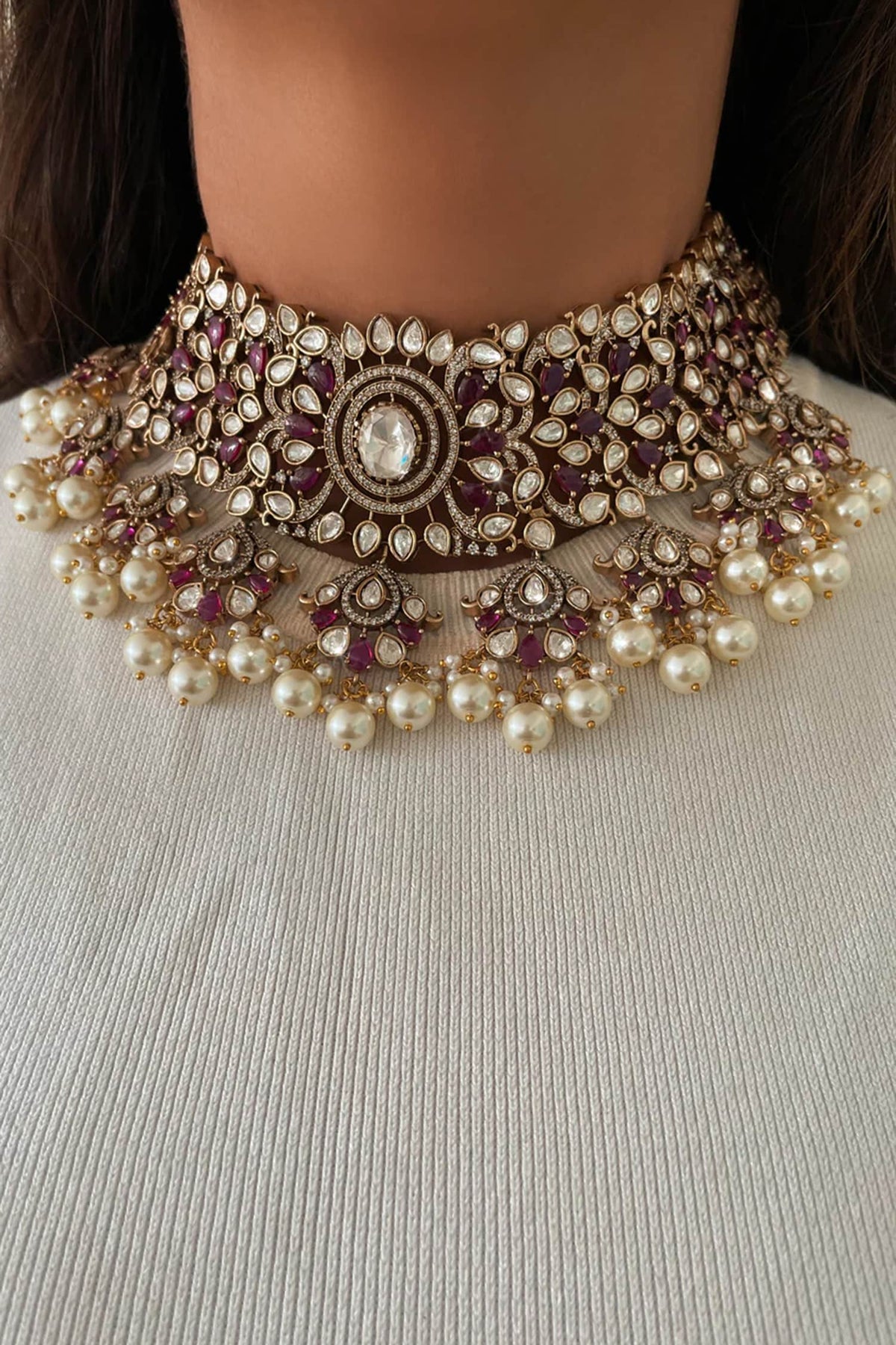 Ruby, Polki & Pearls Choker Necklace Set 