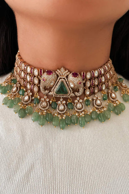 Ruby & Emerald Dual Elephant Choker Set 