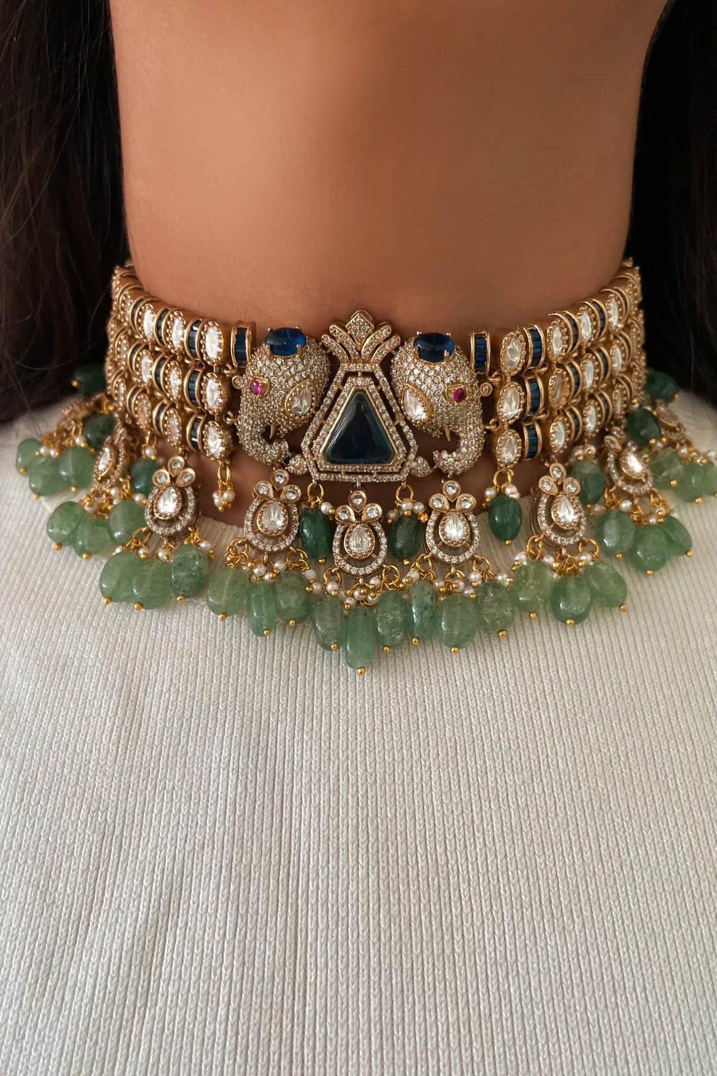 Emerald & Sapphire Dual Elephant Choker Set 