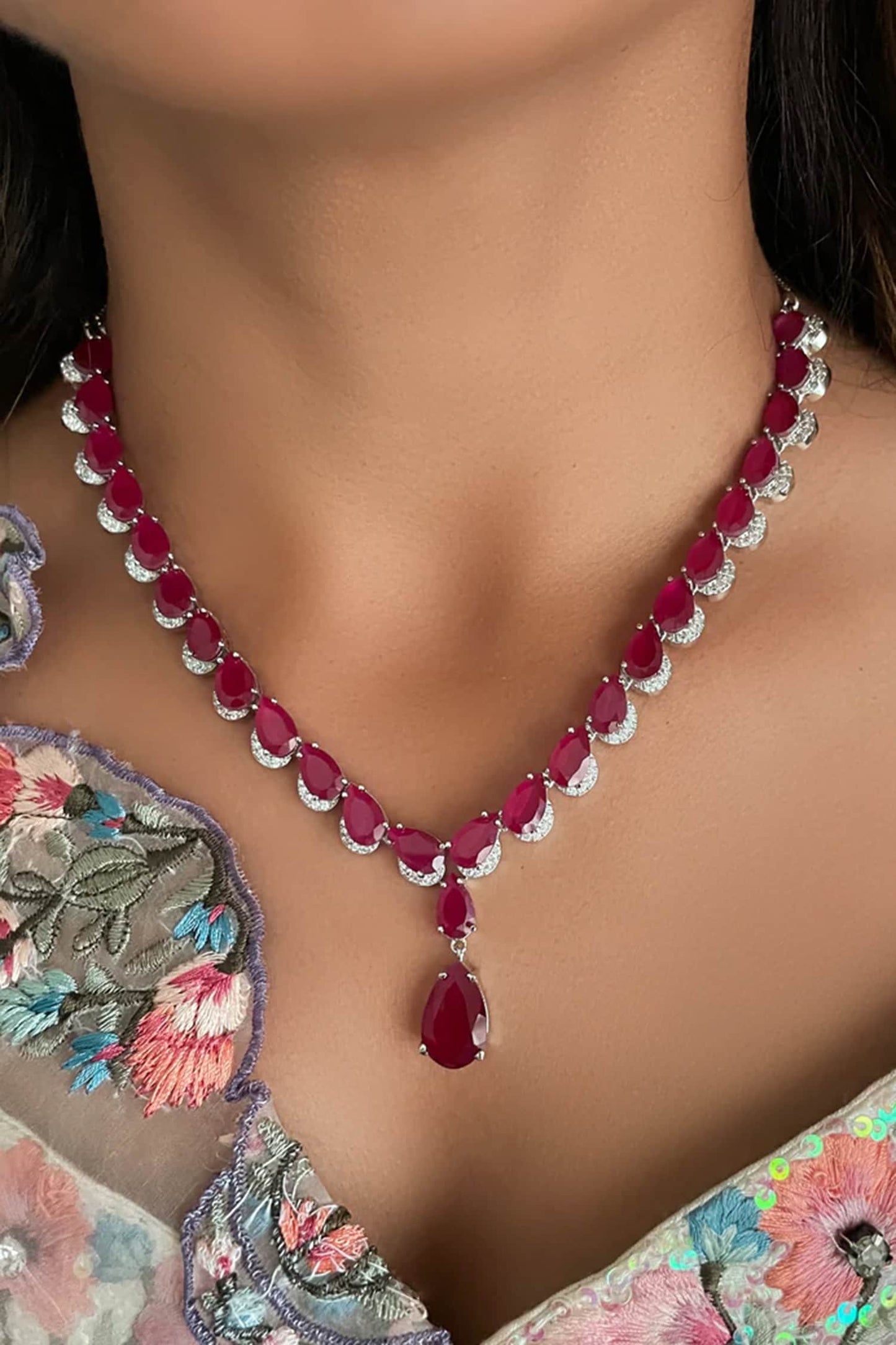 Ruby & Diamond Drops Necklace Set 