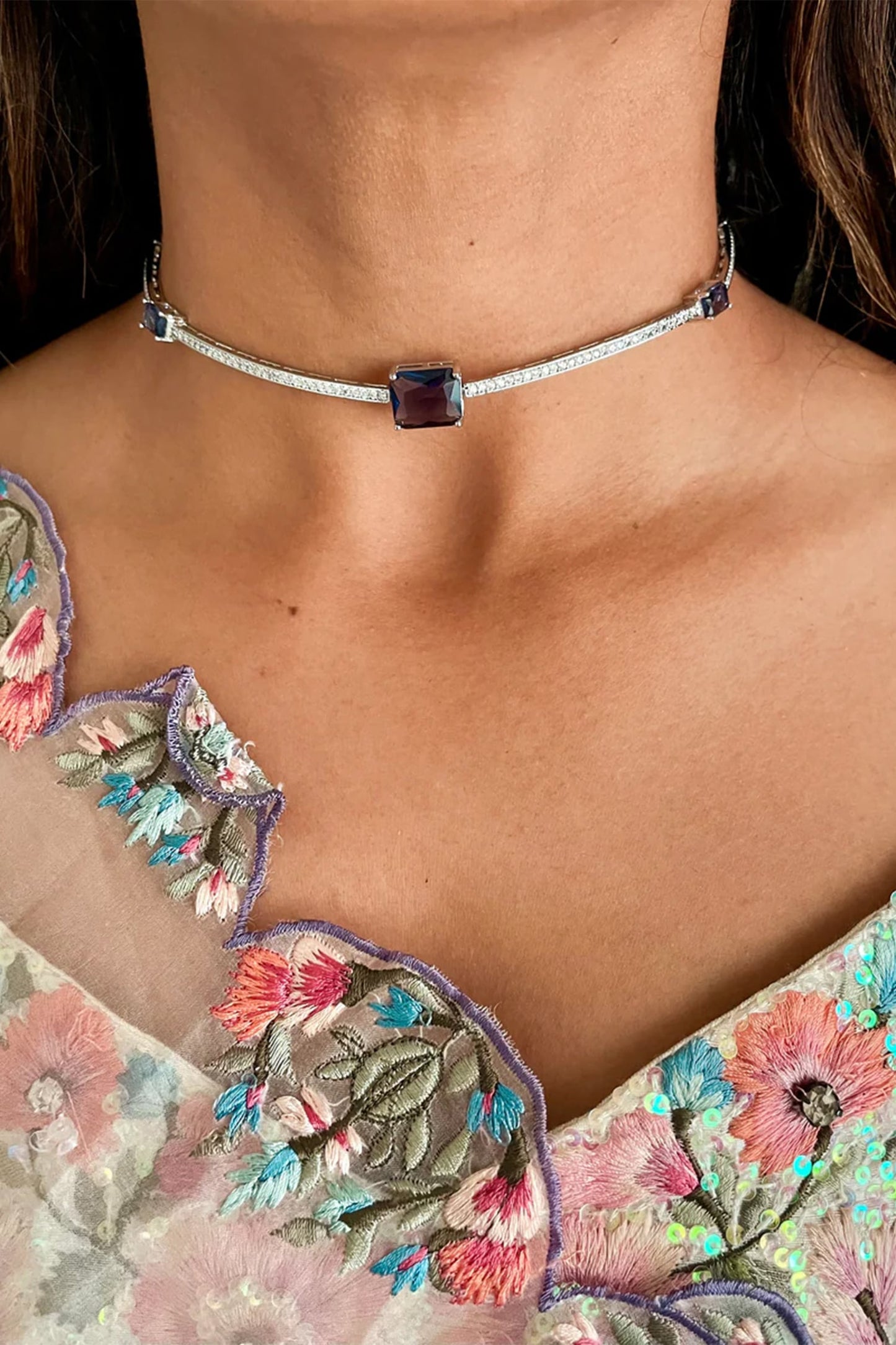 Purple & Paved Diamond Choker Necklace Set 