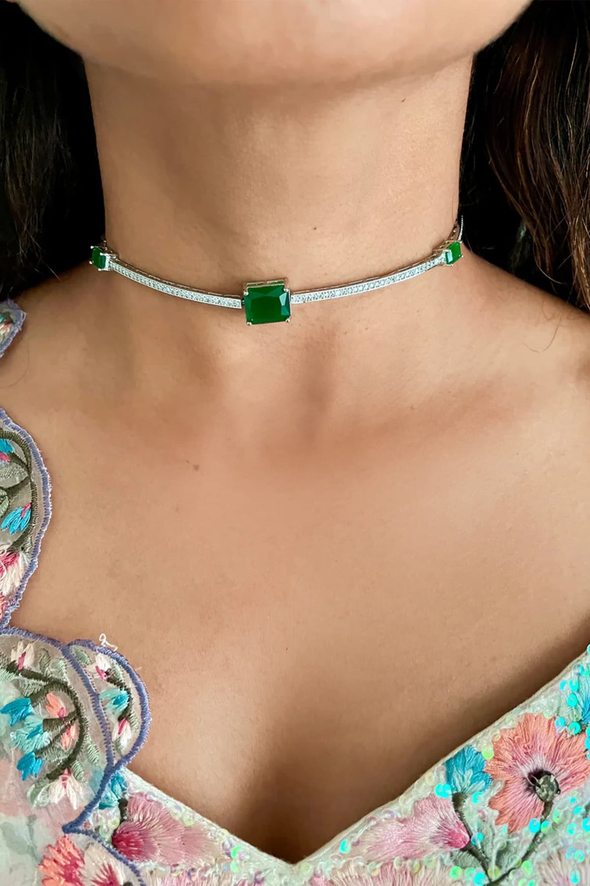Emerald & Paved Diamond Choker Necklace Set 