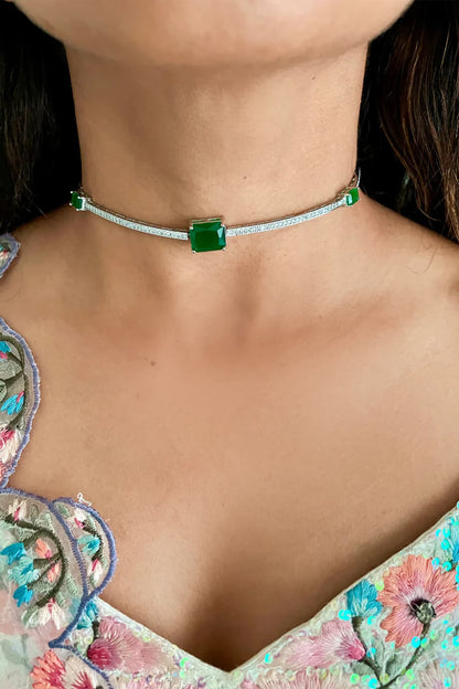 Emerald & Paved Diamond Choker Necklace Set 