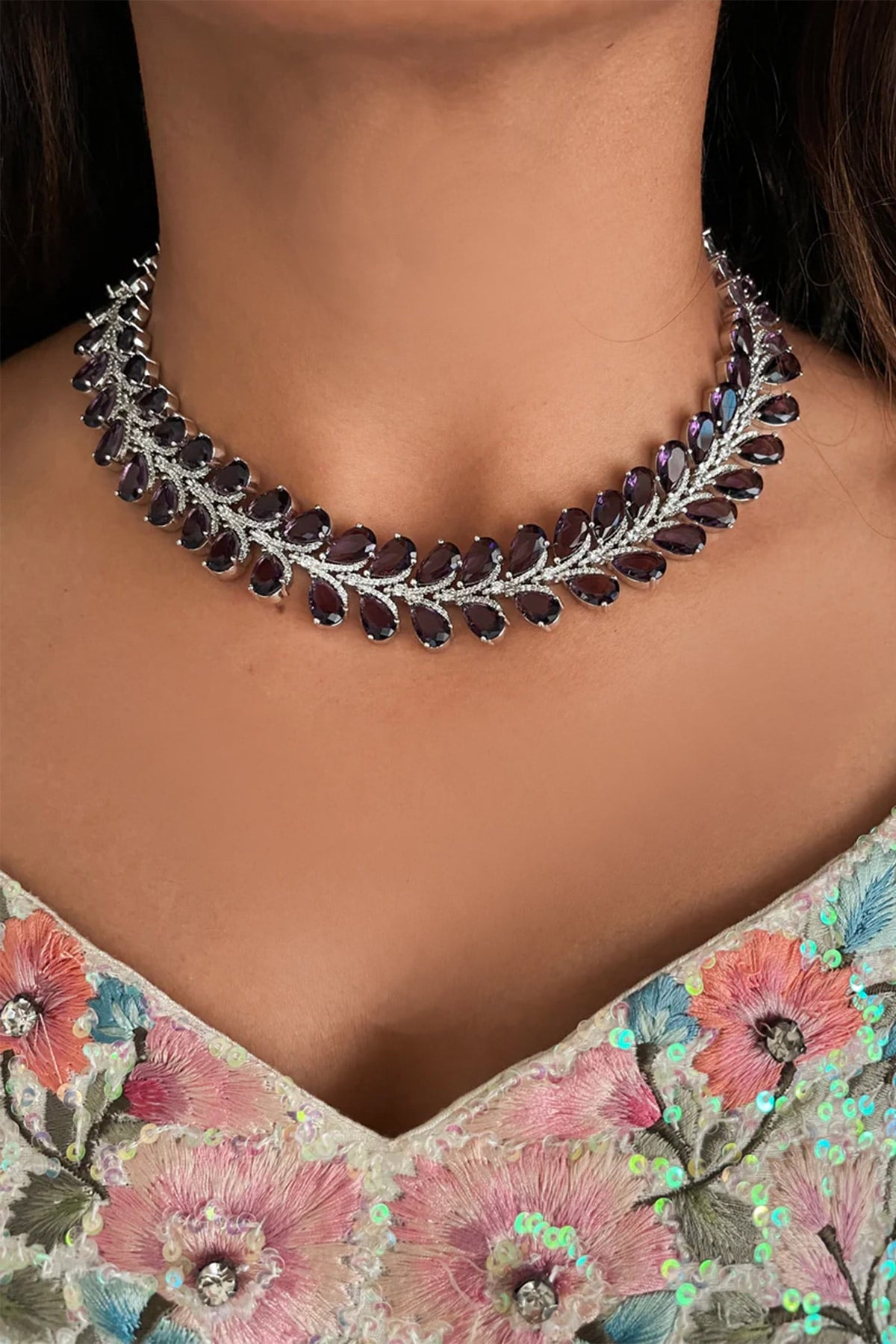 Purple and Diamond Petals Necklace Set 