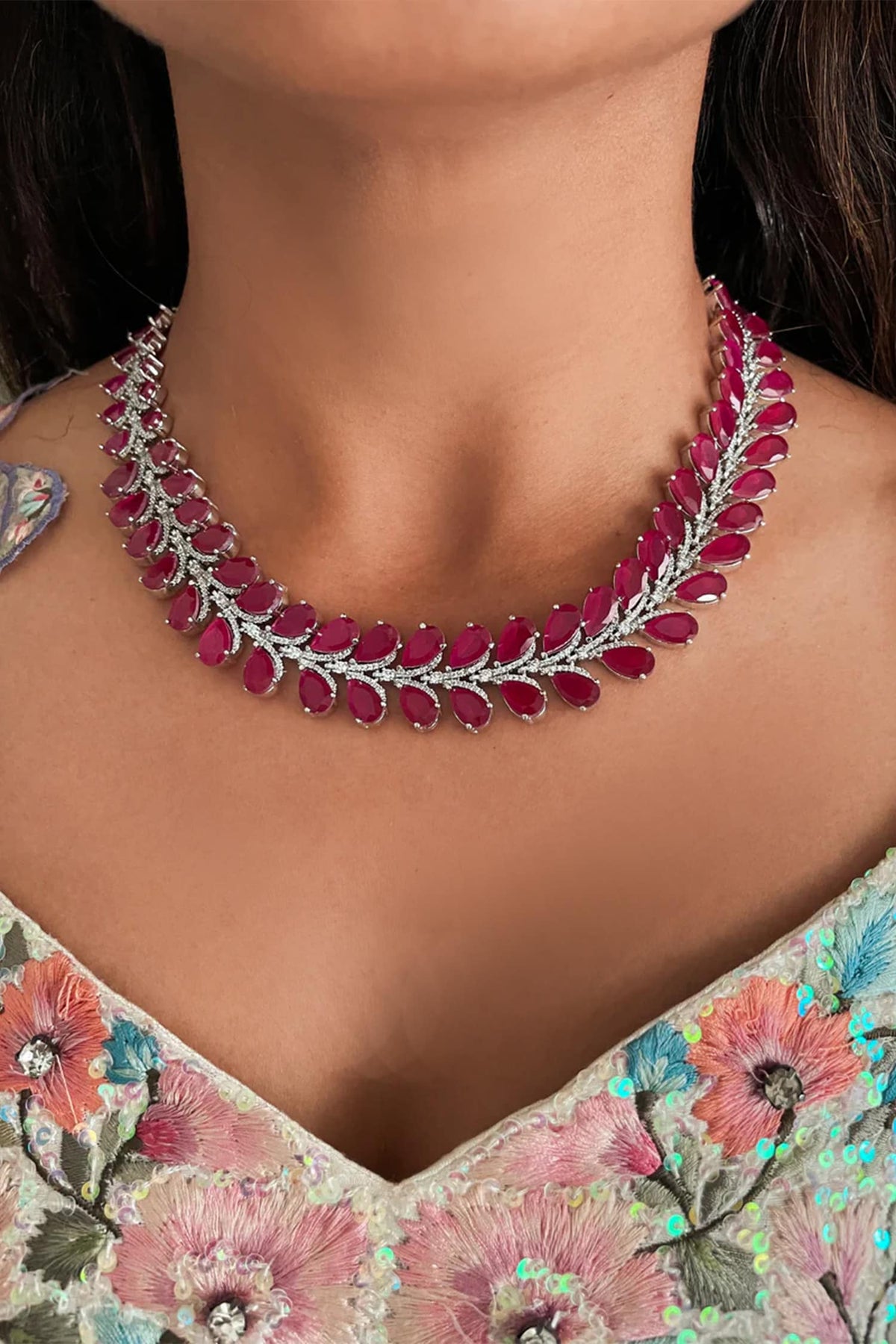Ruby and Diamond Petals Necklace Set 