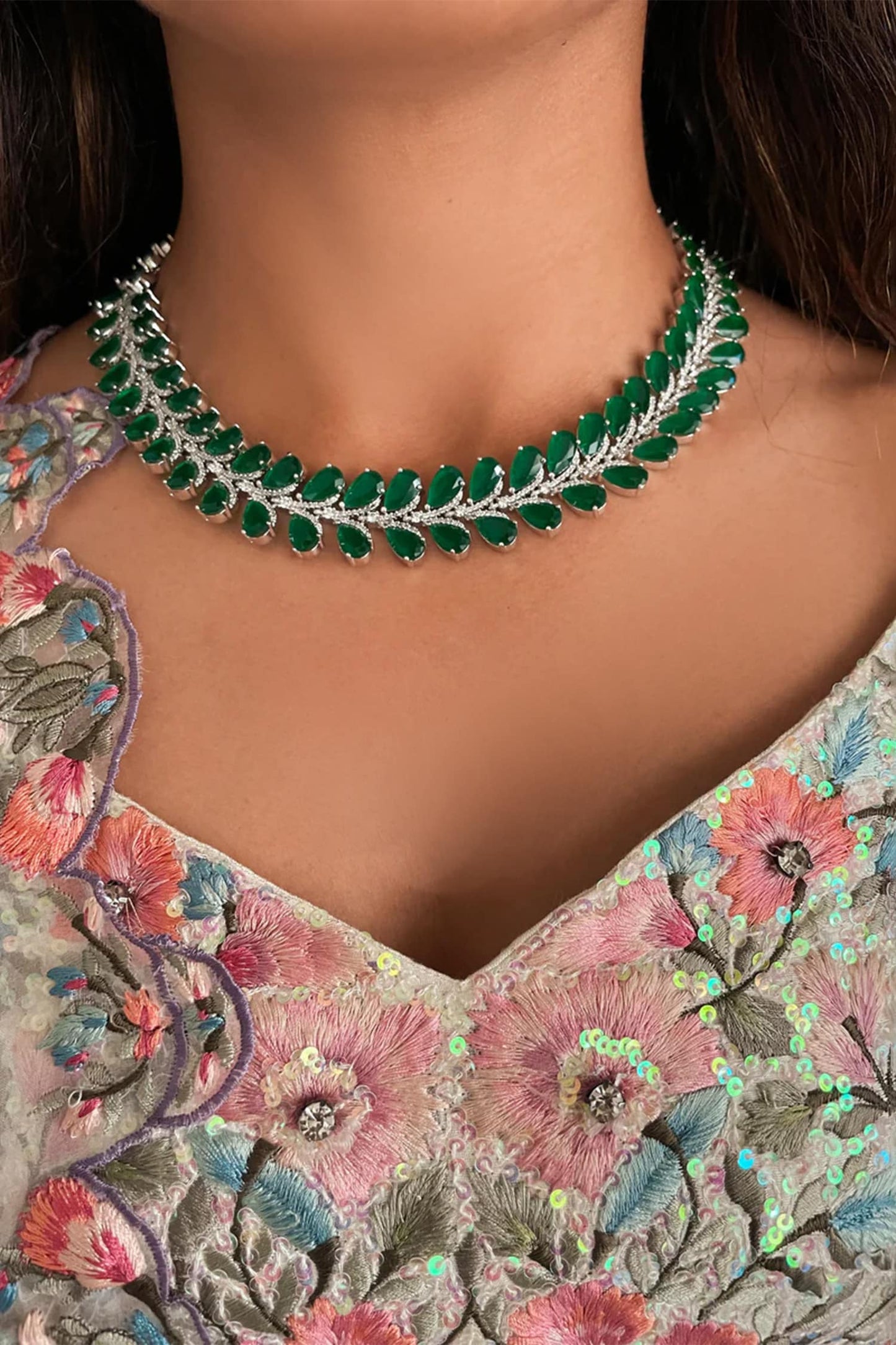 Emerald and Diamond Petals Necklace Set 