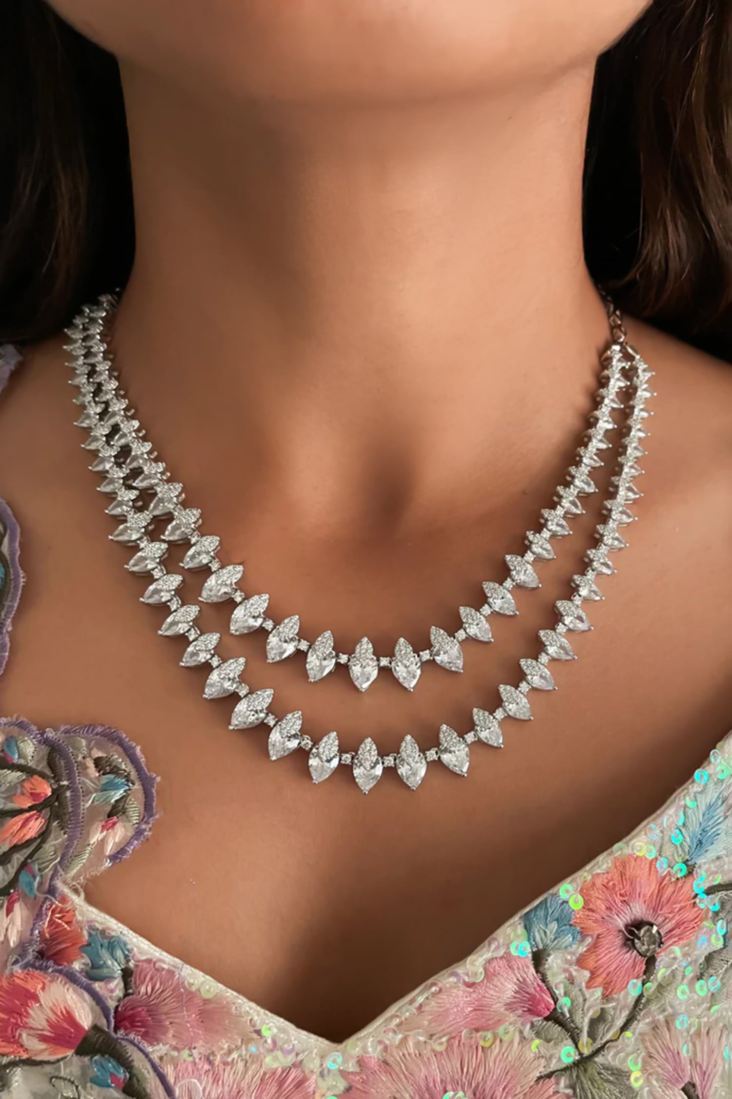 Diamond Petals 2 Layer Necklace Set 