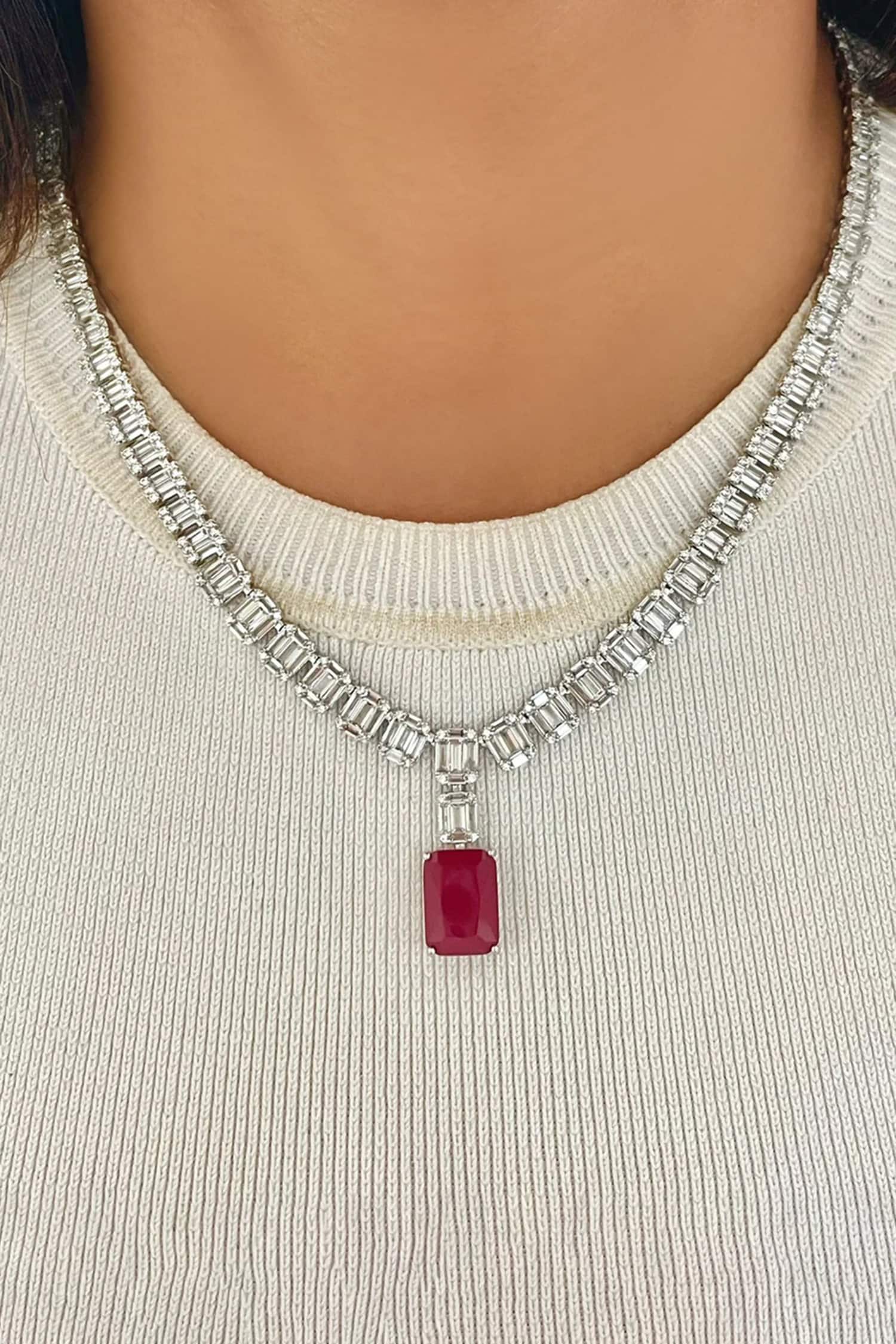 Baguette Ruby Diamond Line Necklace Set 
